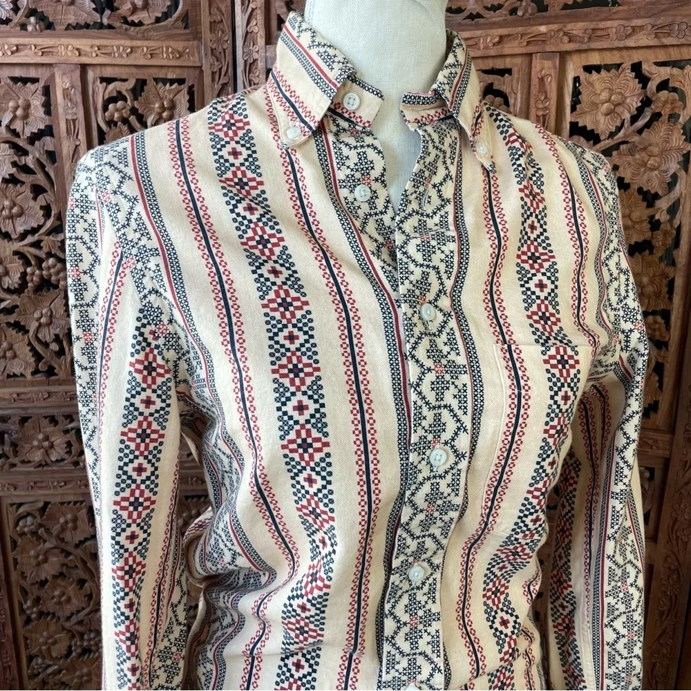 Gitman Bros Vintage Cream Button-Up Shirt with western cross stitch print - Picture 11 of 16